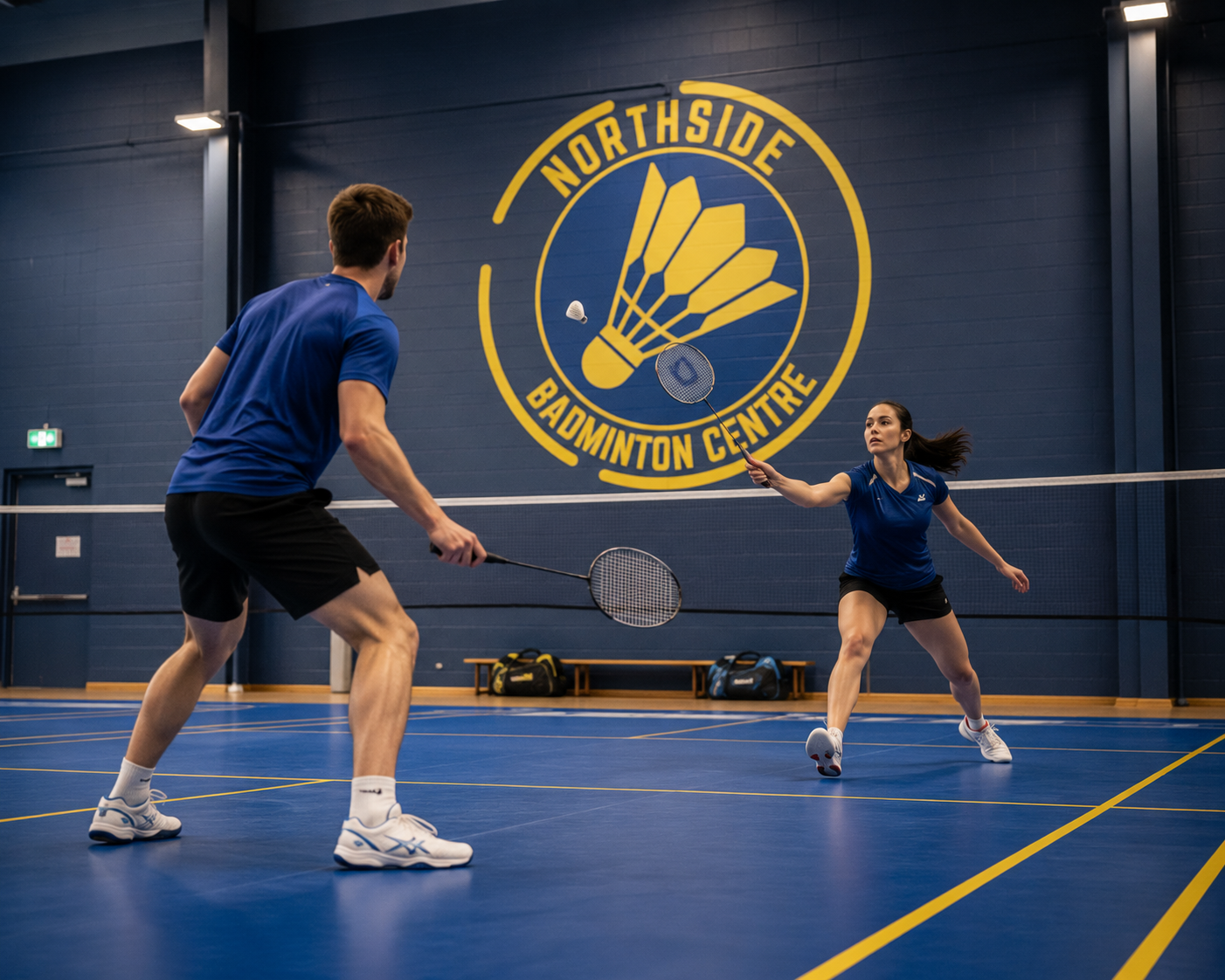 Indoor badminton match at Northside Badminton Centre featuring a male and female player rallying on a blue court inside a modern sports stadium with the Northside Badminton Centre logo displayed on the wall behind them.