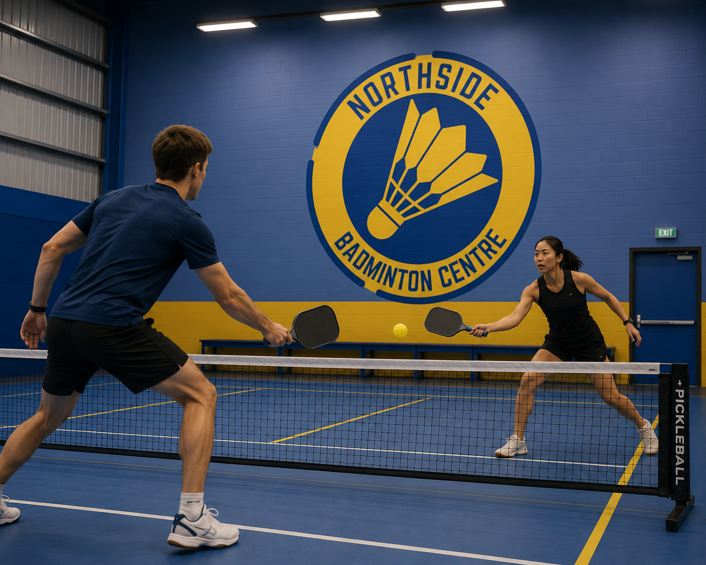 Male and female players competing in an indoor pickleball match at Northside Badminton Centre on a blue indoor court with the Northside logo displayed on the wall behind them.