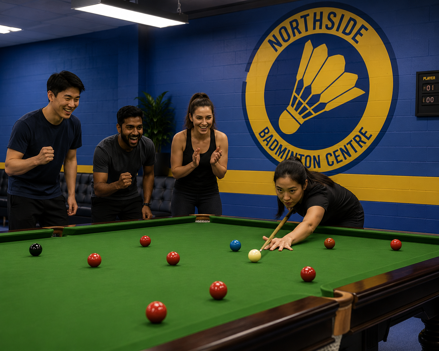 Female player taking a shot on a snooker table inside an indoor sports centre while friends cheer her on, with the Northside Badminton Centre logo displayed on the wall behind them.