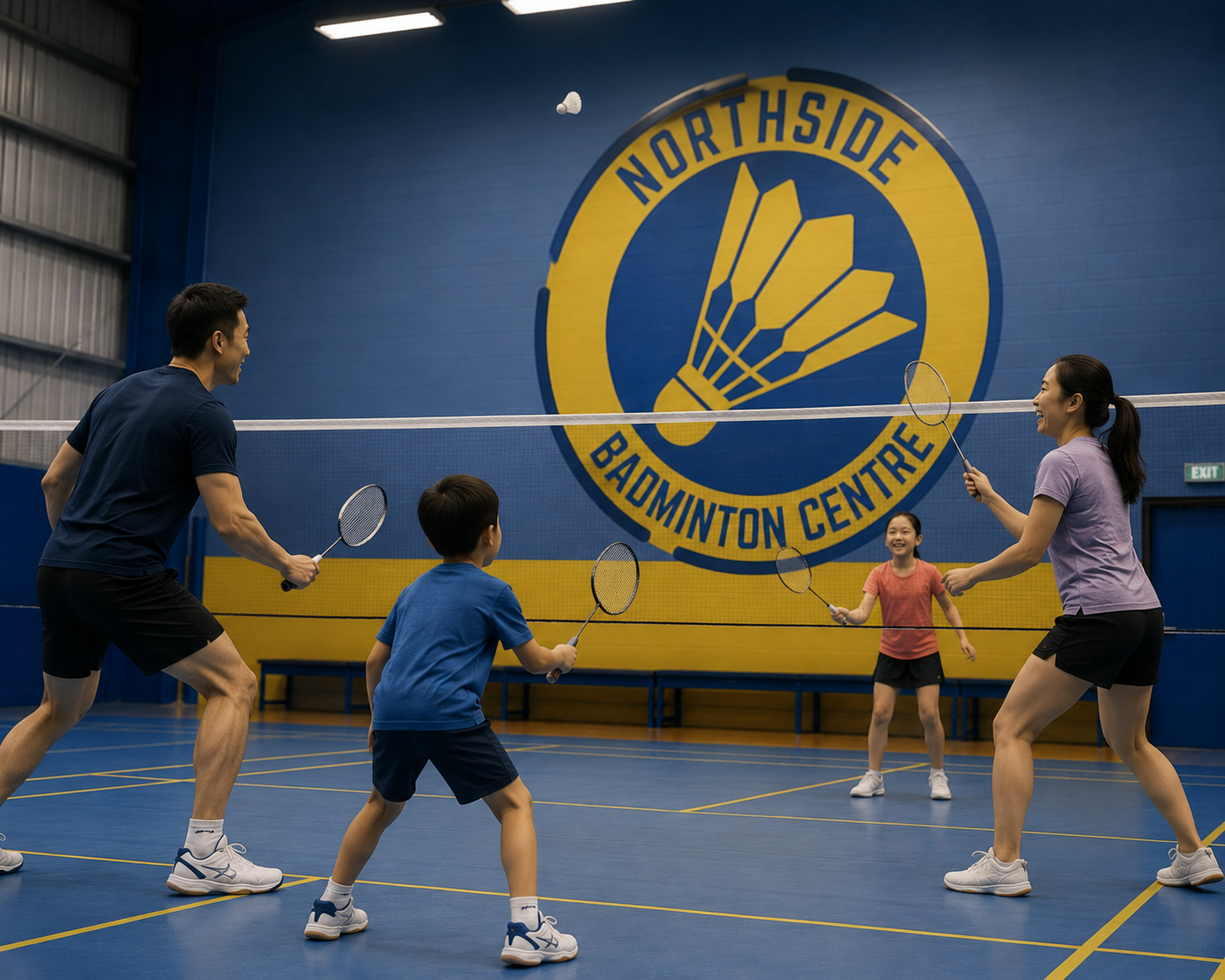 Happy family playing doubles badminton together inside a modern indoor sports centre with blue courts, bright lighting, and the Northside Badminton Centre logo displayed on the back wall.