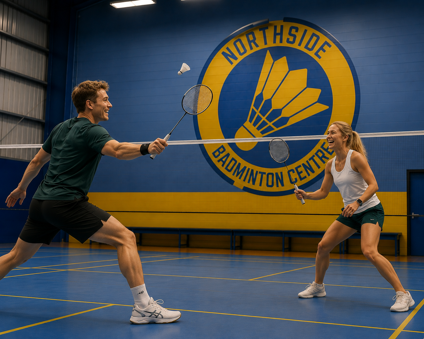 Happy Aussie couple enjoying an exciting badminton match at Northside Badminton Centre indoor courts, smiling and rallying together in a bright modern sports venue.