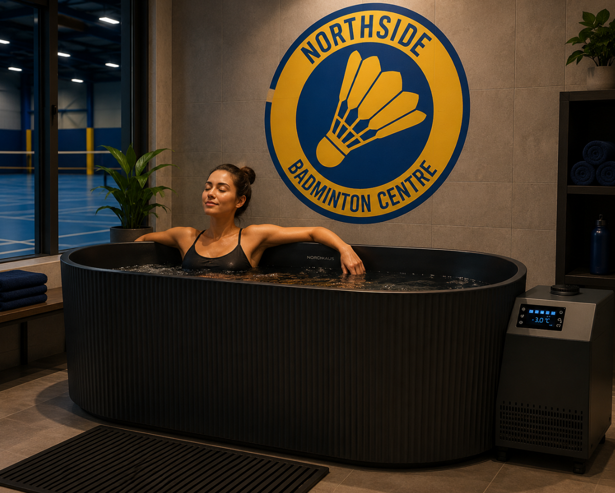Female athlete relaxing in a modern recovery spa tub inside an indoor sports centre with the Northside Badminton Centre logo displayed on the wall behind the spa area.