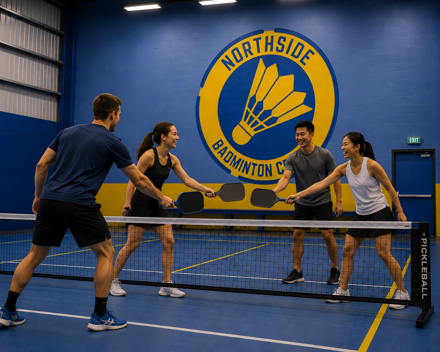 Northside Badminton Centre Social pickleball players enjoying a friendly doubles game at Northside Badminton Centre in Brendale, Queensland. The indoor sports facility features blue courts, bright lighting, and a welcoming community atmosphere for social and recreational players.