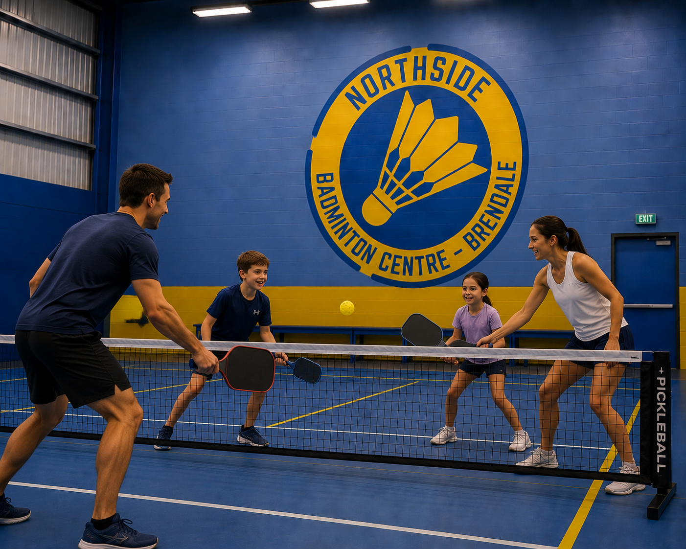 Northside Badminton Centre Family playing pickleball together at Northside Badminton Centre in Brendale, Queensland. Parents and children enjoy a fun and active game on an indoor pickleball court, highlighting the centreβs family-friendly environment, social atmosphere, and all-ages recreational programs.