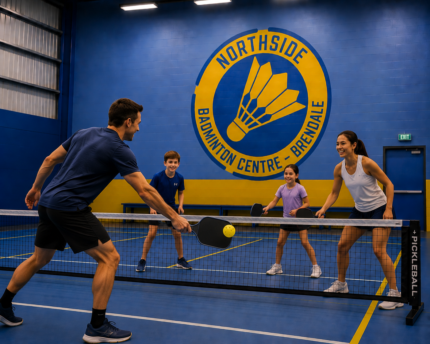 Family enjoying an indoor pickleball game at Northside Badminton Centre, Brendale. Parents and children play together on a professional indoor court, showcasing the centre’s family-friendly pickleball sessions, active lifestyle opportunities, and welcoming community atmosphere in Brisbane’s northside.