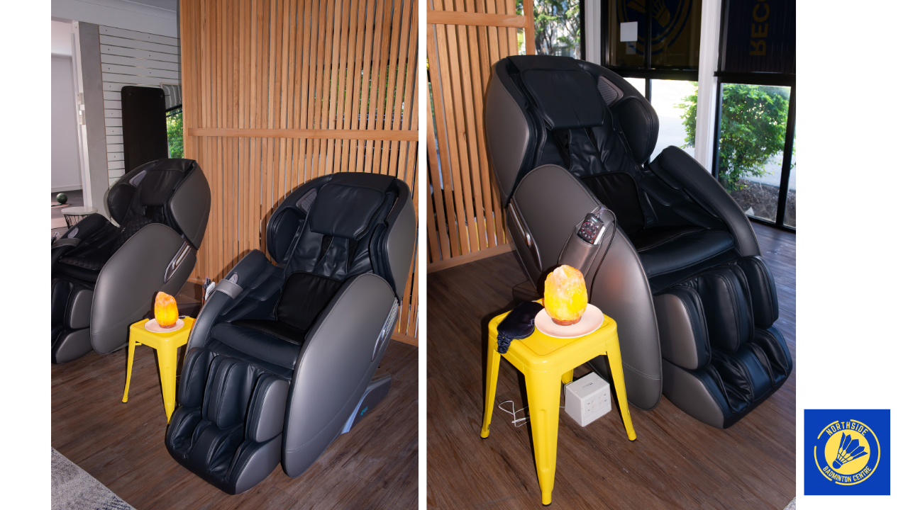 Massage chairs at the Northside Badminton Centre Wellness Centre in Brendale, providing full-body massage therapy for relaxation, muscle recovery, and post-workout wellness